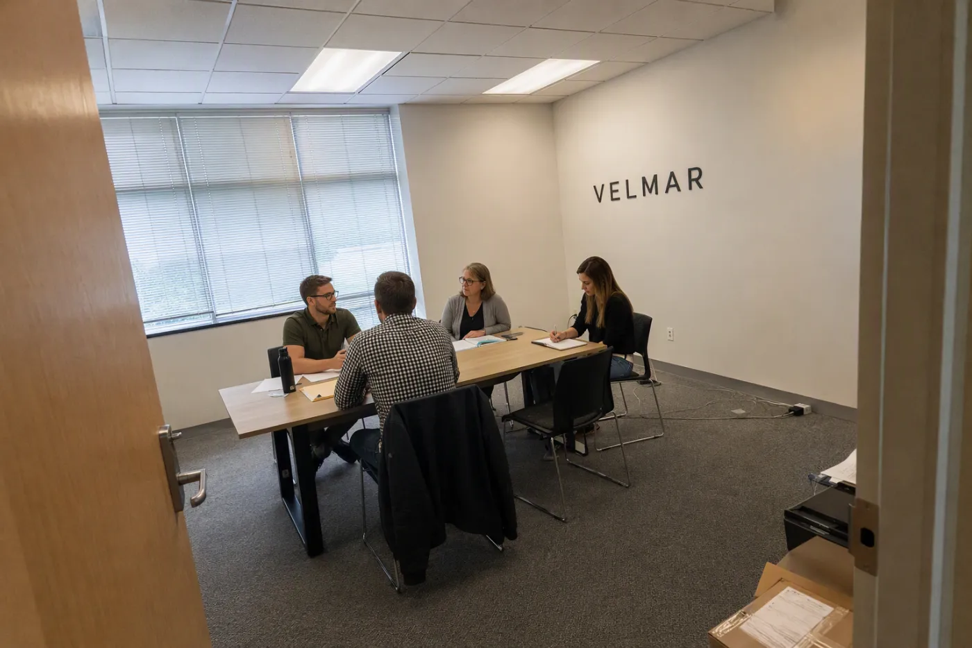 Reunión de trabajo vista desde la puerta de la sala, repasando el alcance de un proyecto