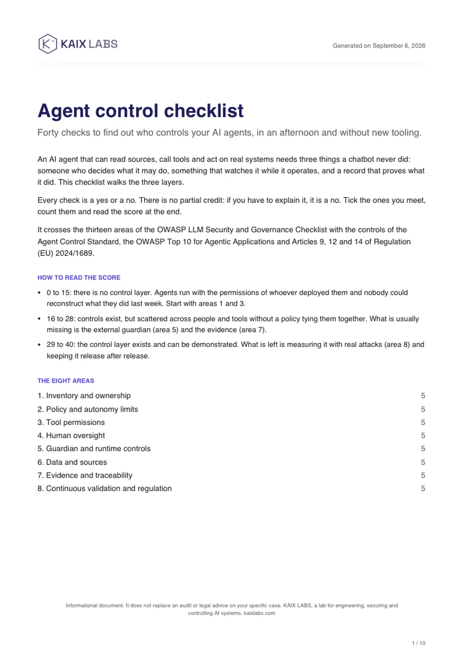Cover of the KAIX LABS agent control checklist