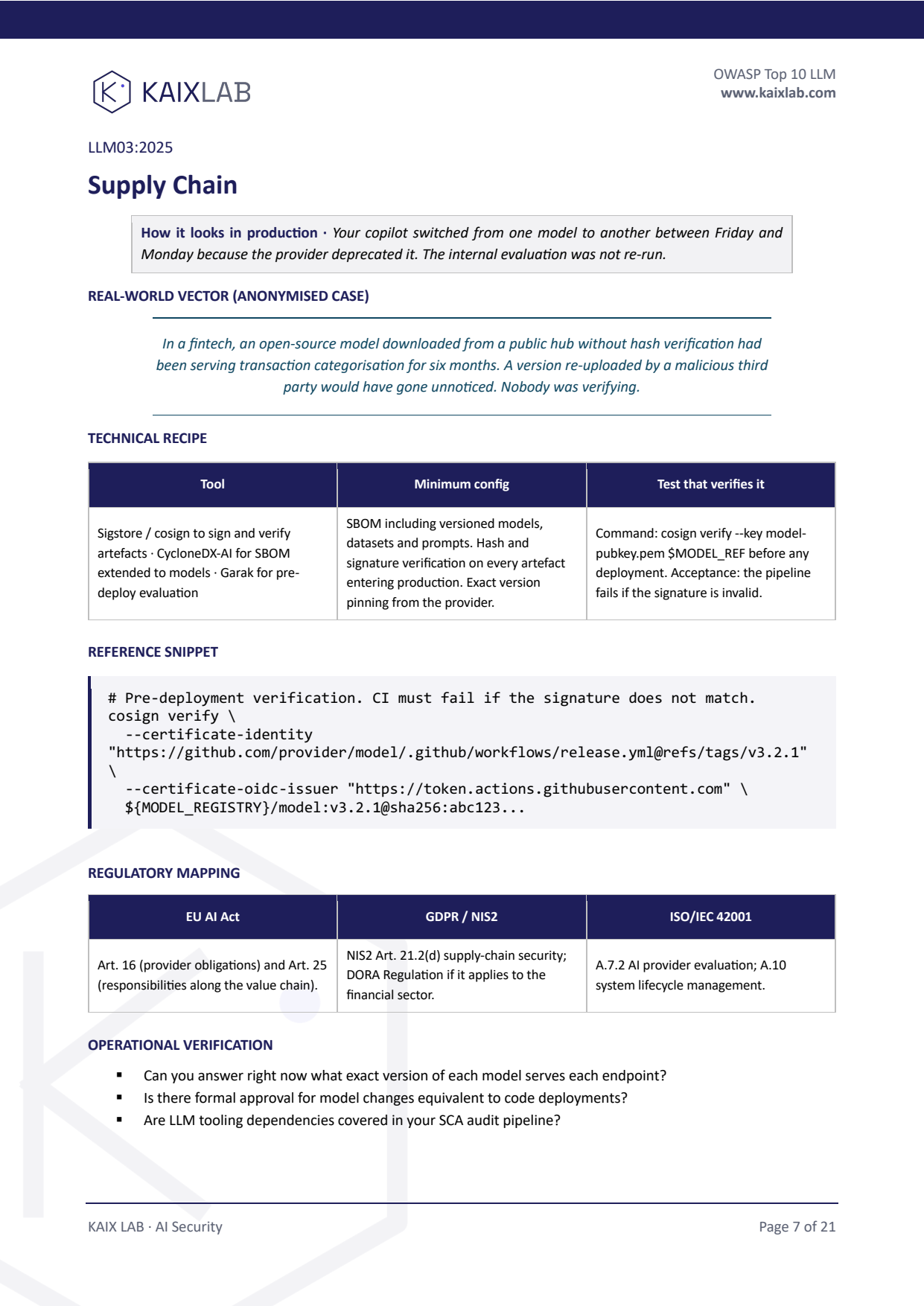 Risk card for LLM03 with code snippet
